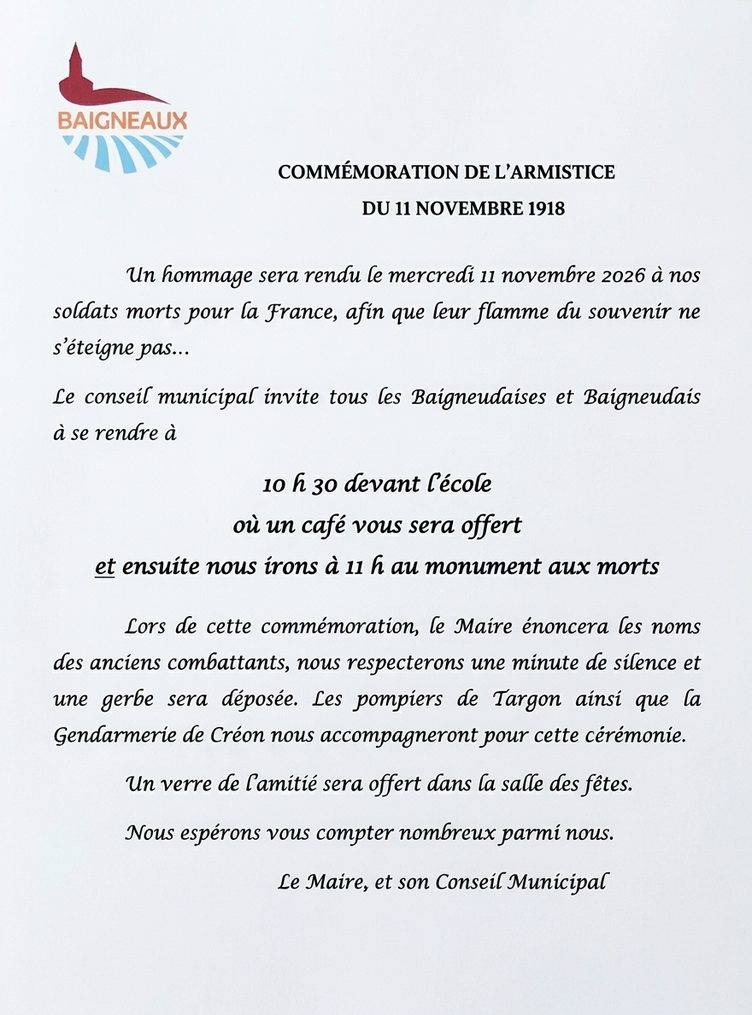 Invitation à la commémoration de l'Armistice du 11 novembre 2026