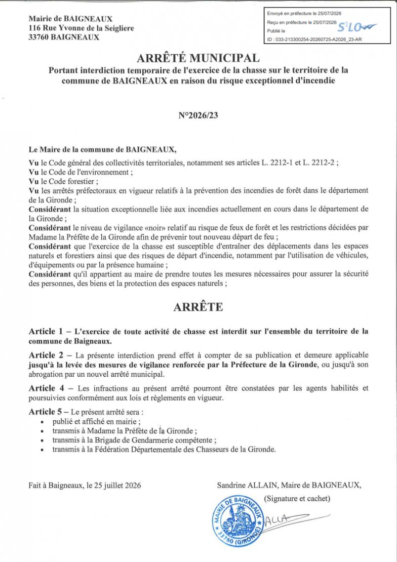 Interdiction temporaire des activités de chasse sur le territoire de la commune de baigneaux en raison du risque exceptionnel d'incendie