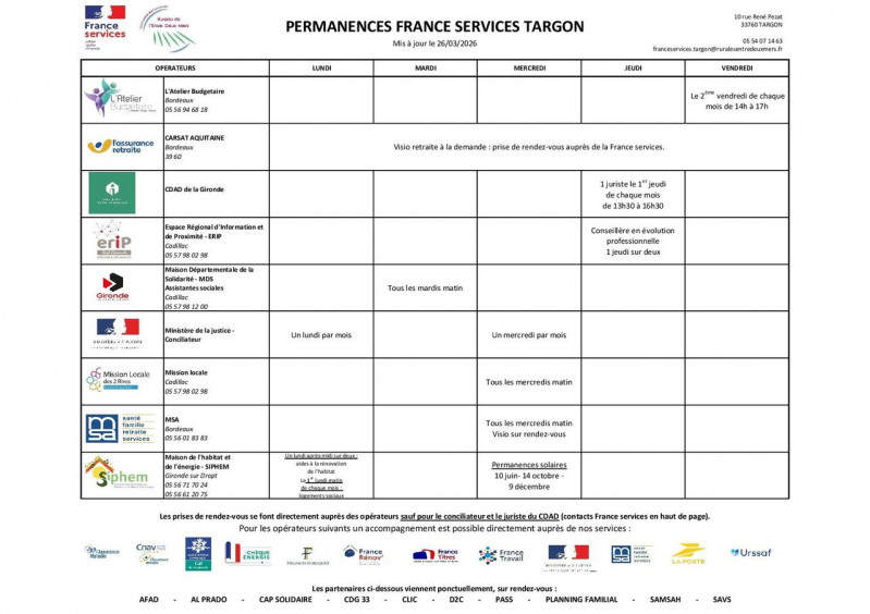 Permanences France Service à Targon (cliquez pour agrandir)